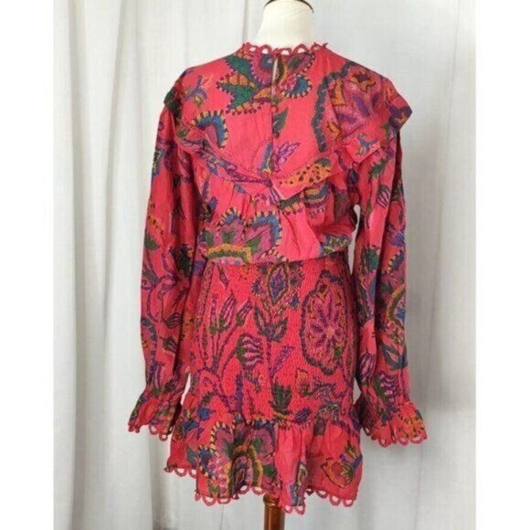 FARM Rio Mini Dress M  Tapestry Tropical Smocked Ruffle…Blush Pink Sunset - Picture 6 of 16